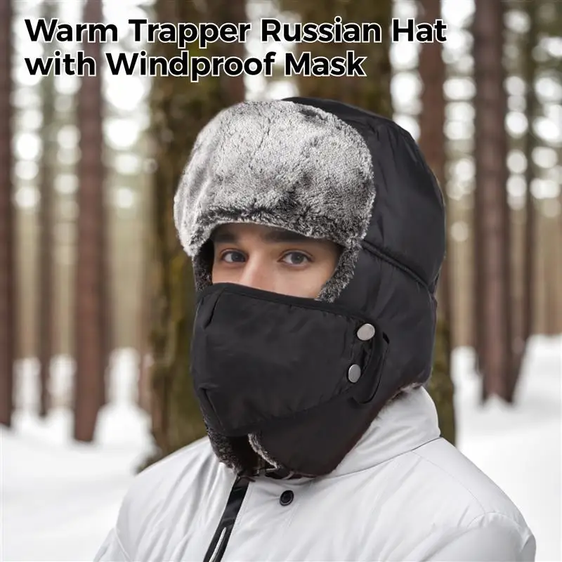 Black Warm Russian Trooper Hat With Windproof Mask Trapper Winter Skiing Cap Women Men Windproof Trapper Hunter Furry Hat