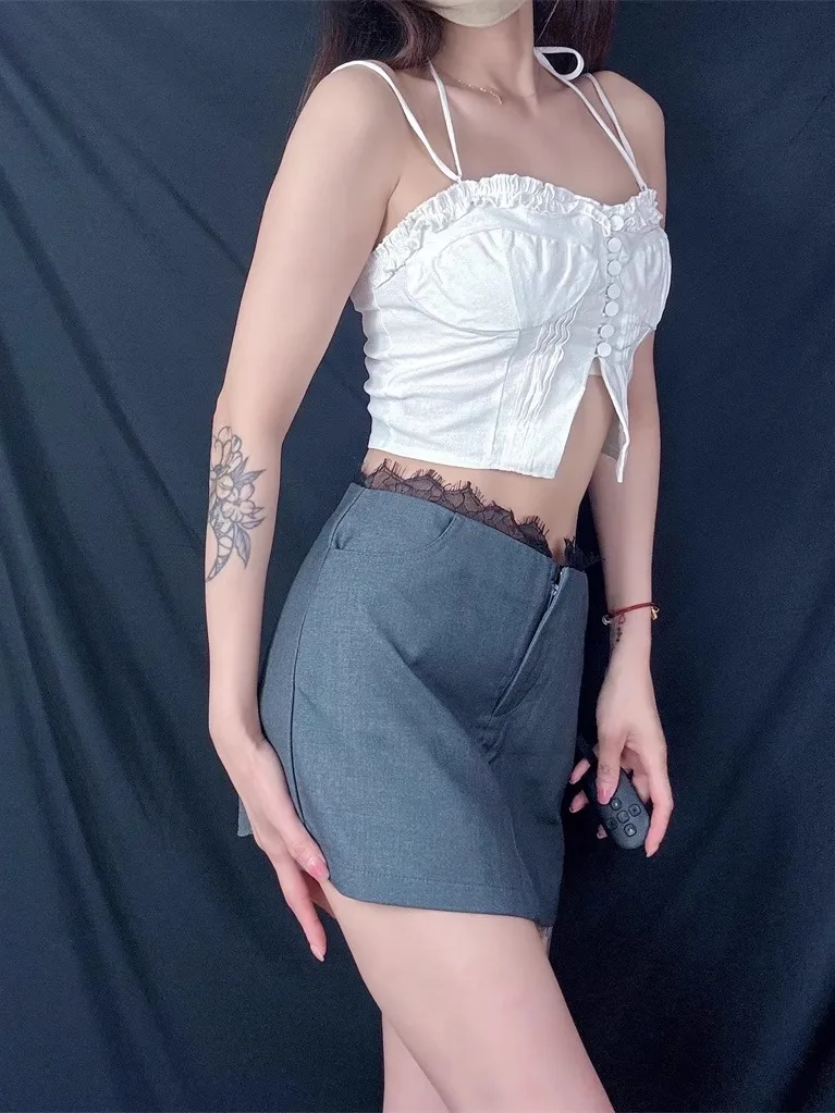 Cintura baixa renda retalhos terno ort saia rua sle anti exposição cor pura bum bagging f saia na moda primavera outono