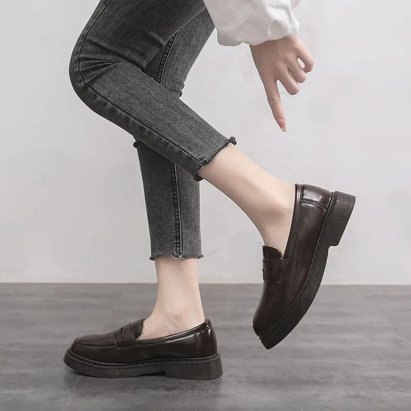 2025 Soft Leather Women's Thick Bottom Heightening Shoes Style Round Toe Insole Rubber Bottom Spring Autumn Женская Обувь