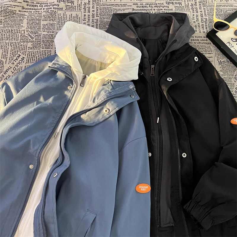 

Men's Spring Autumn Jaet Fake Two-Piece Windproof Polyester Casual Youth Faion Hooded Zipper Closure Long Sve Coat