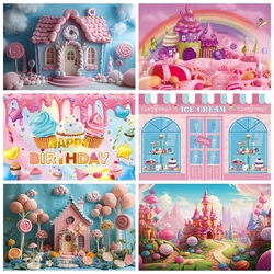 Pink Candy Castle Backdrop Custom Candyland Ice-Cream House Baby Girls Birthday Decor Background Photographic Photo Studio