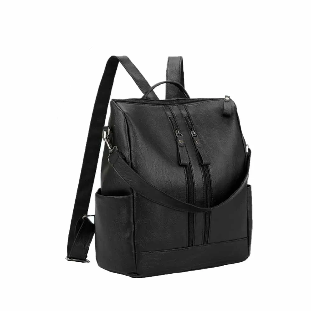 Women\'s Fashion Black Leather Backpack Multi-Pocket Large Capacity Soft Leisure Bag for Outdoor Travel