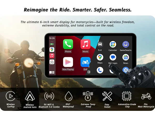 6-Zoll-Motorrad-Smart-Display – kabelloses CarPlay und Android Auto | Bluetooth Sprachsteuerung | IP67 wasserdicht | HD-Touchscreen |