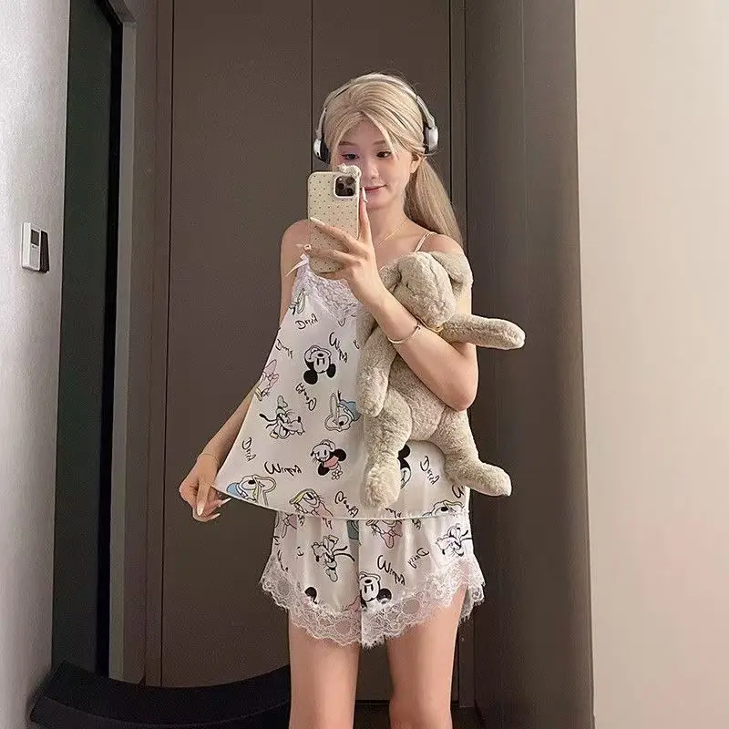 

Летняя домашняя одежда больших размеров с мультяшным принтом и кружевом: пижама на бретельках, повседневный модный свободный халат, одежда для студенческого общежития