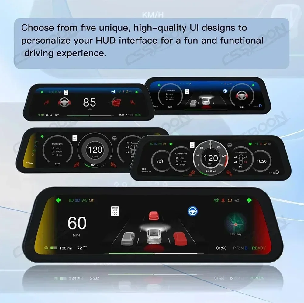 CSSBOON per Tesla Model 3/Y Display HUD da 9.6" per Cruscotto, Supporta Carplay e Android Auto, Schermo Digitale per Navigazione Auto