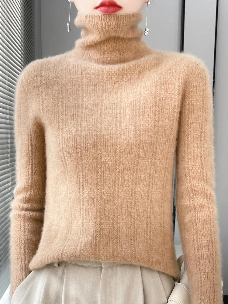 Autumn Winter Women Turtleneck Sweater 100% Merino Wool Hollow Long Sleeve Cashmere Knitwear Female Basic Jumper Korean Fashion