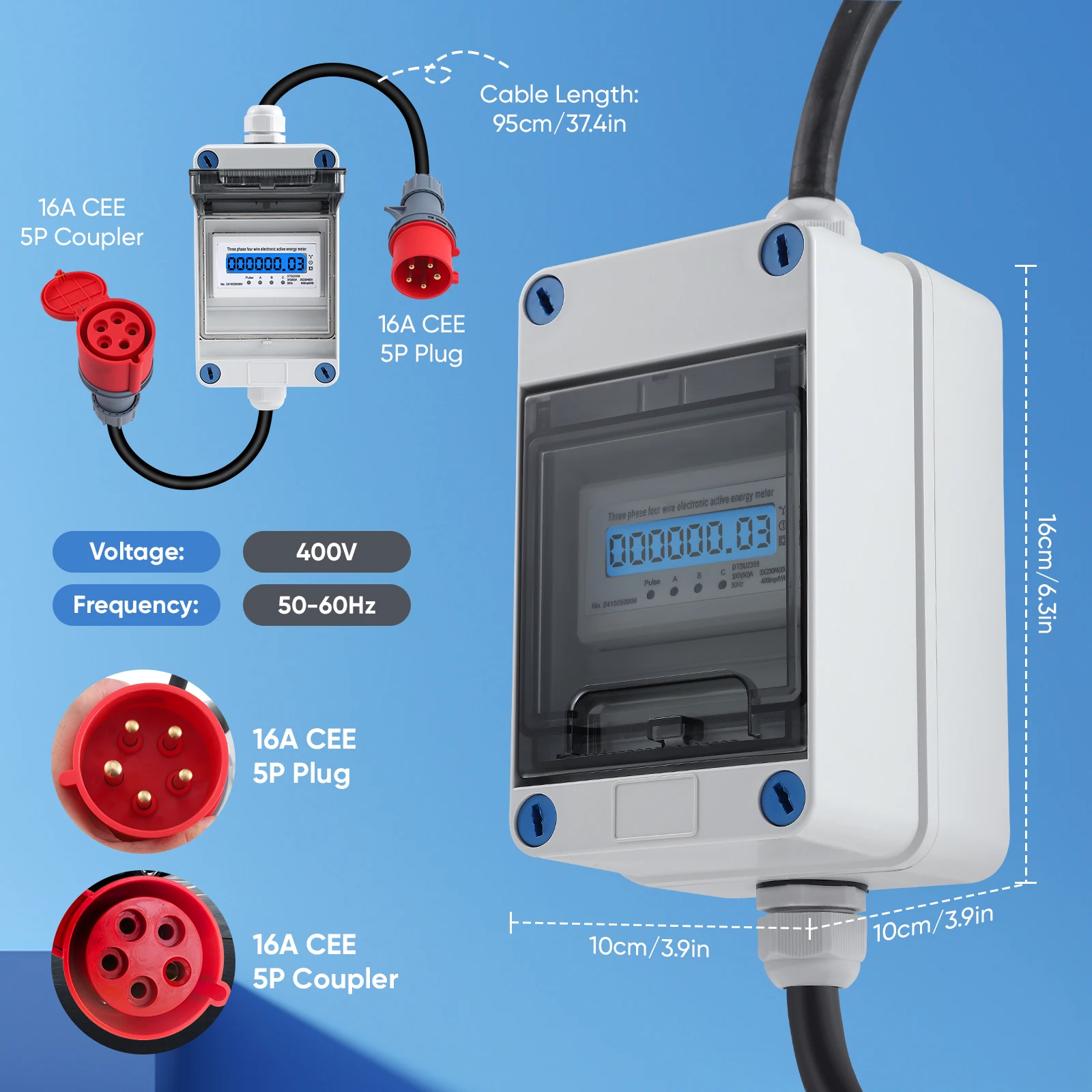 عداد الكهرباء الرقمي المحمول 440 فولت، عداد الهاتف المحمول Cee 16 A خارجي كيلووات ساعة متر IP44 مقاوم للماء المكونات الصناعية LED مقياس الطاقة #6