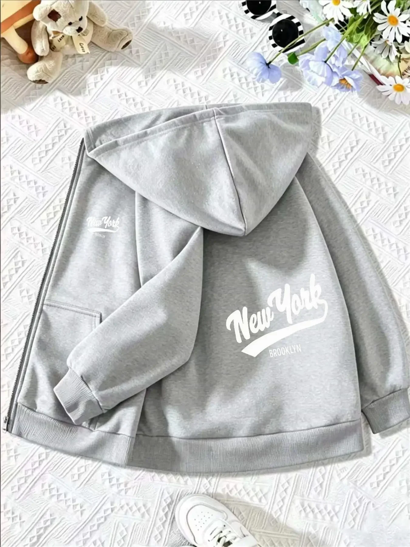 Vintage New York Script Letter Print Kids Hoodie Zip Up Fleece Lined Autumn Winter Children Casual Warm Hooded Sweatshirt