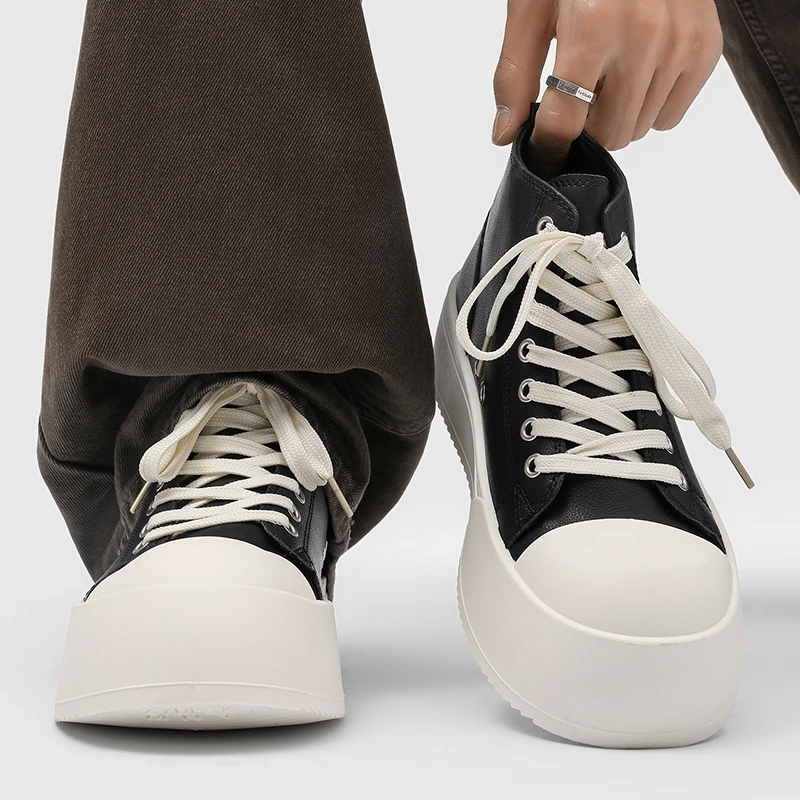 Black High Top Board Shoes Men's Thick Bottom Heightening Casual Shoes Lace up Large Head  Trendy Match Couples Shoes
