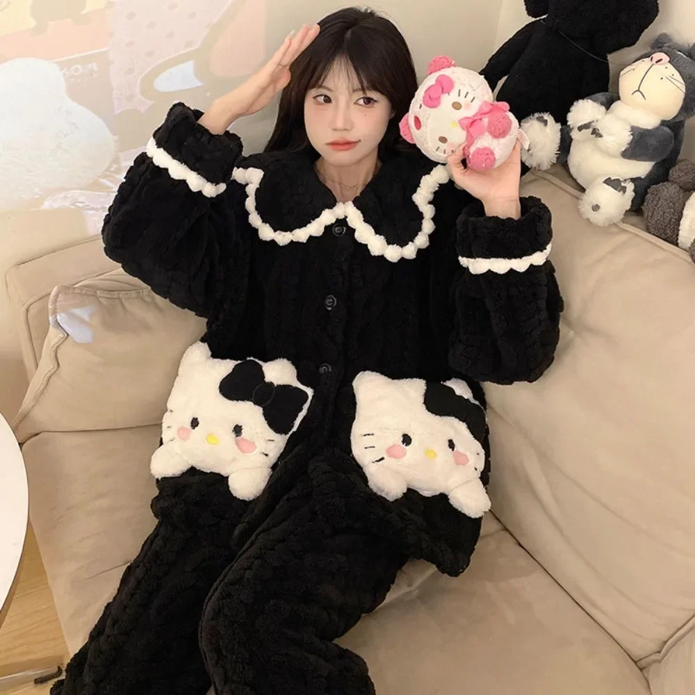 

Miniso Hello Kitty Sleepwear Cute Coral Velvet Embroidered Long Sleeve Set Cartoon Autumn Winter New Warm Home Clothes