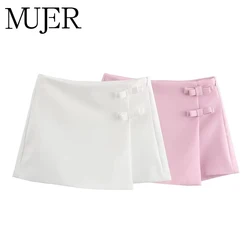 MUJER Pink White Mini Skirt Woman Skort Fashion Bow Skort For Women Summer Slit Short Skirt Woman Split High Waist Skirt Shorts