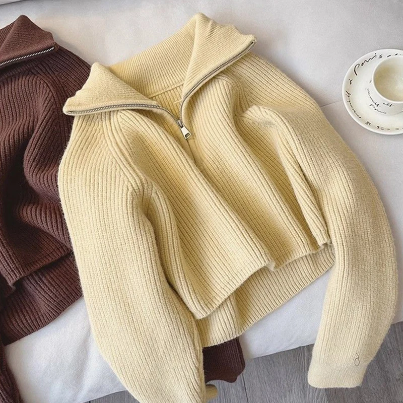 Cropped Sweater Women Fashion Half Zipper Red Knitted Pullovers Korean Black Long Sleeve Knitwear Winter Casual Chic Jumpers New