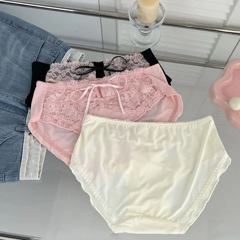 

3Pcs Soft Mesh Lace Bowknot Panties Ruffle Cotton Crotch Sweet Briefs Mid Waist Underpants Underwear for Women Lady