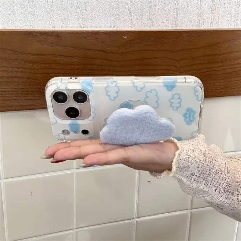 حافظة هاتف كورية لطيفة باللون الأزرق لهاتف آيفون 17 برو 15 14 16 برو ماكس مع حامل حافظات كرتونية واقية مضادة للصدمات لهاتف Gi