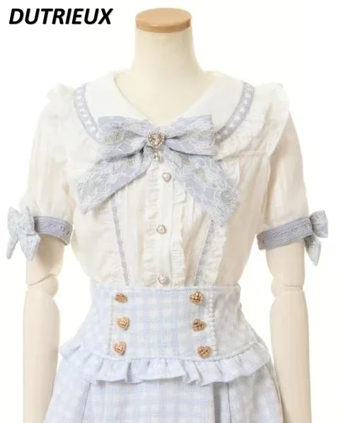 Rojita-camisa Lolita con cuello de encaje para mujer, blusas de manga corta ajustadas con lazo en los hombros, Tops bonitos de verano