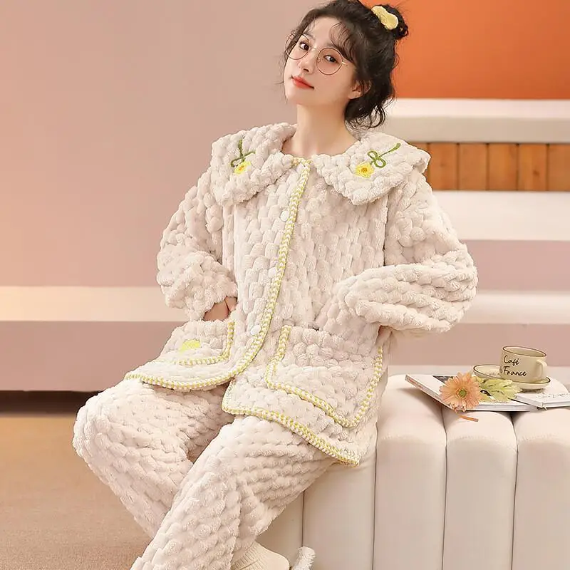 

Autumn Winter Coral Velvet Pajamas Women's Thick Flannel Home Clothes Set Comfortable Sleepwear Loungewear Home Clothes for Girl