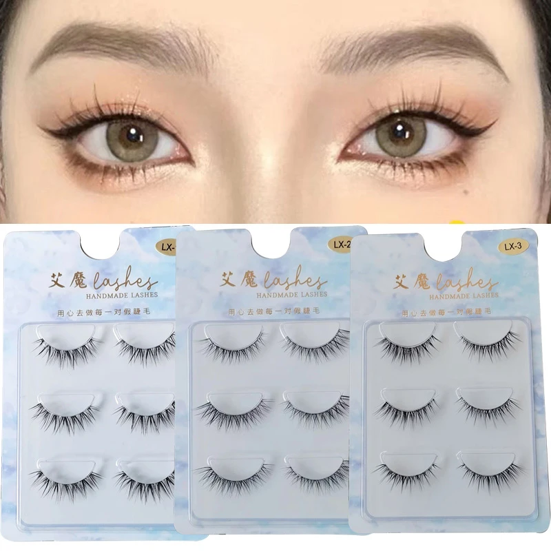 3 Pairs Natural Manga Lashes Thick Soft Transparent Stems False Eyelashes Daily Dating Makeup Eyelashes 3D Big Eye Fake Lashes