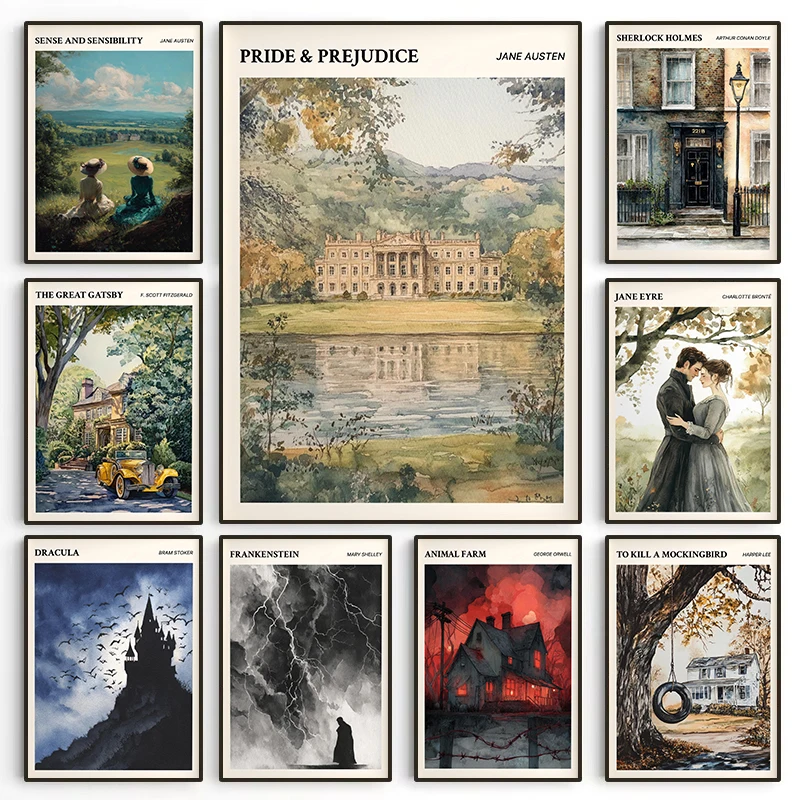 Retro Classic Literary Art Books Cover Pride and Prejudice Dracula Novel Poster Canvas Painting Wall Art Pictures Home Decor