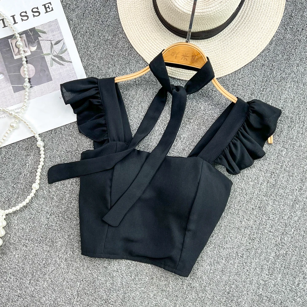 

Sexy Ruffle Off Shoulder Slim Top Chic Straps Camis Slim Korean Tanks Top Elegant Crop Top Summer Women Bustier