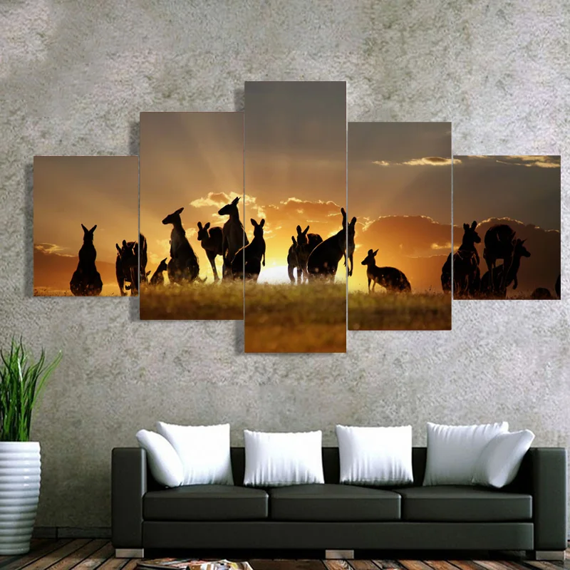 5 Panel Animal Canvas Painting Sunset Running Kangaroo in the Grassland Posters and Prints Wall Art Picture Home Decor No Frame