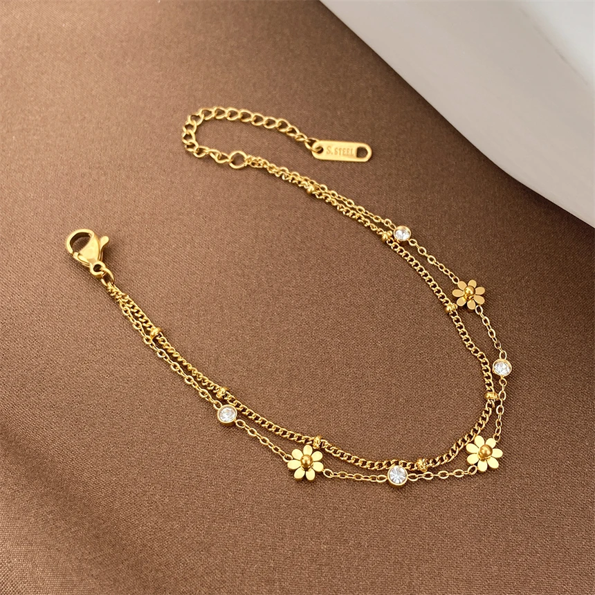 316L Stainles Steel Simplicity Little Fresh Double Layered Daisy Zircon Charm Chain Bracelet For Women Fashion Fine Jewelry Gift