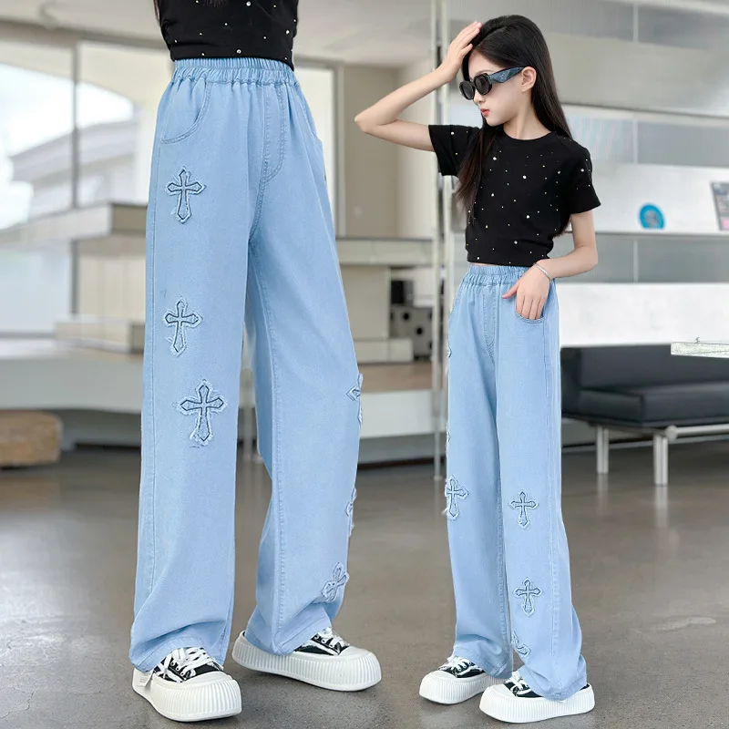 

New Summer Kids Thin Loose Tencel Wide Jeans for Tween Girls Embroidery Denim Pants Teens Child Casual Lyocell Jeans Trousers