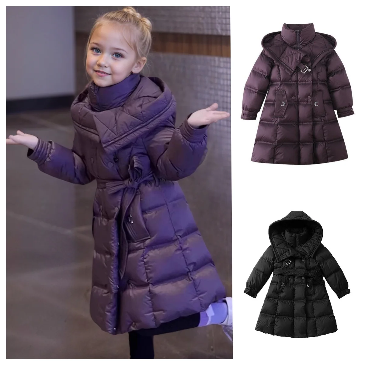 

Длинная стильная куртка для девочек, новый зимний однотонный толстый теплый модный плащ с капюшоном для детей от 5 до 10 лет, детский зимний комбинезон на хлопковом пуху
