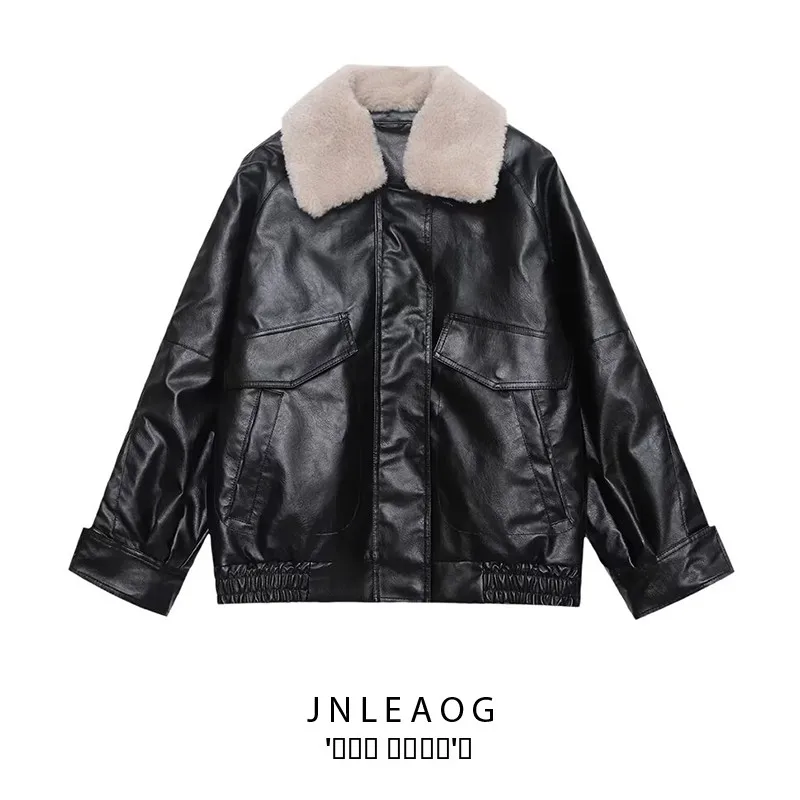 

Faionable Versatile JNLEAOG Women's Jaet Autumn New Sle Commute Wind Synthetic Leather Long Sve Zipper Closure Busin...