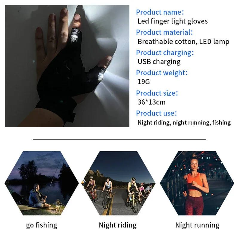 LED Flashlight Fishing Gloves Rechargeable Gift Gadgets Tools for Outdoor Camping USB Fishing Glove Man Halloween Christmas Gift