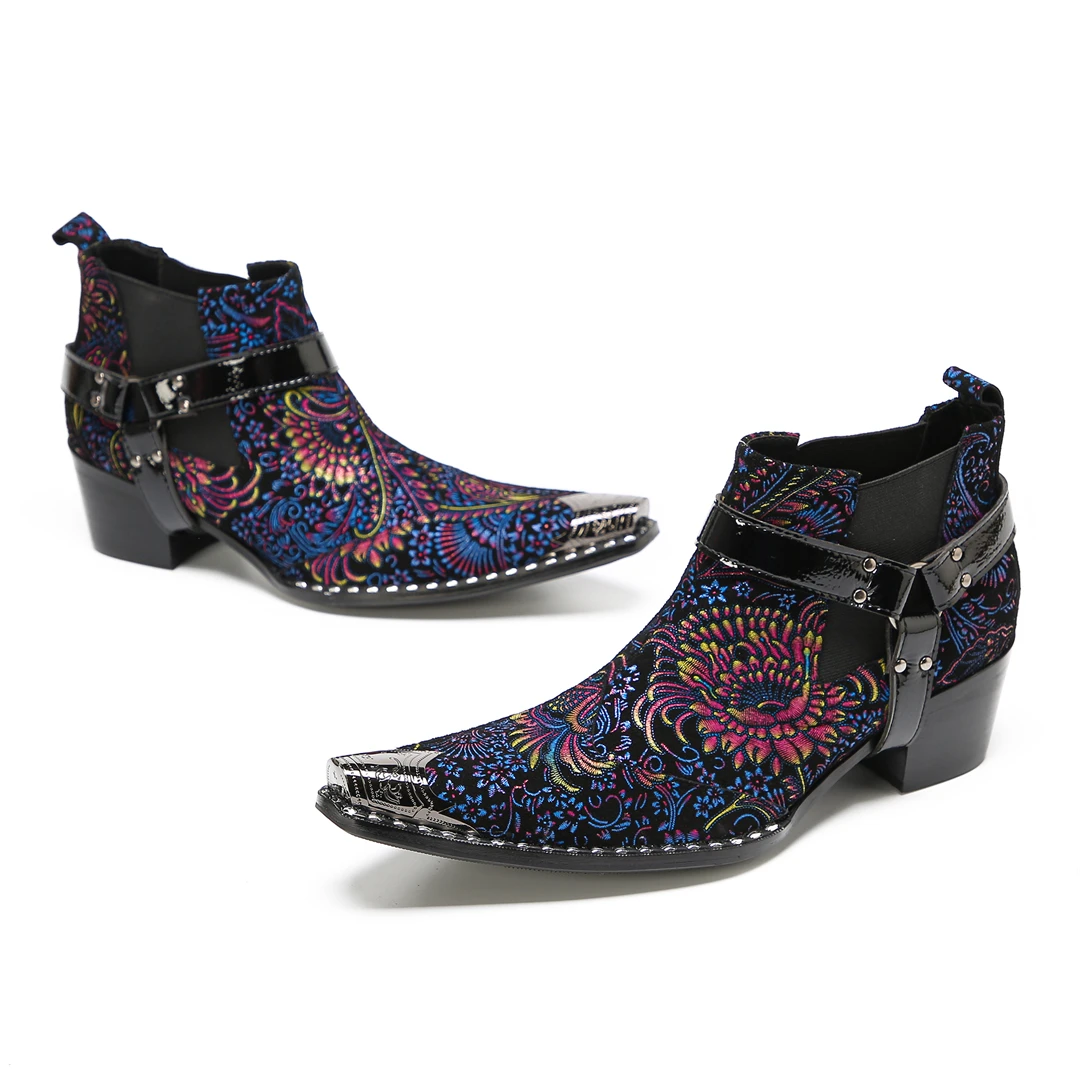 Botas Flower Embroidery Genuine Leather Ankle Boots for Men Plus Size Pointed Toe Club Party Formal Shoes Motorcycle Short Boots