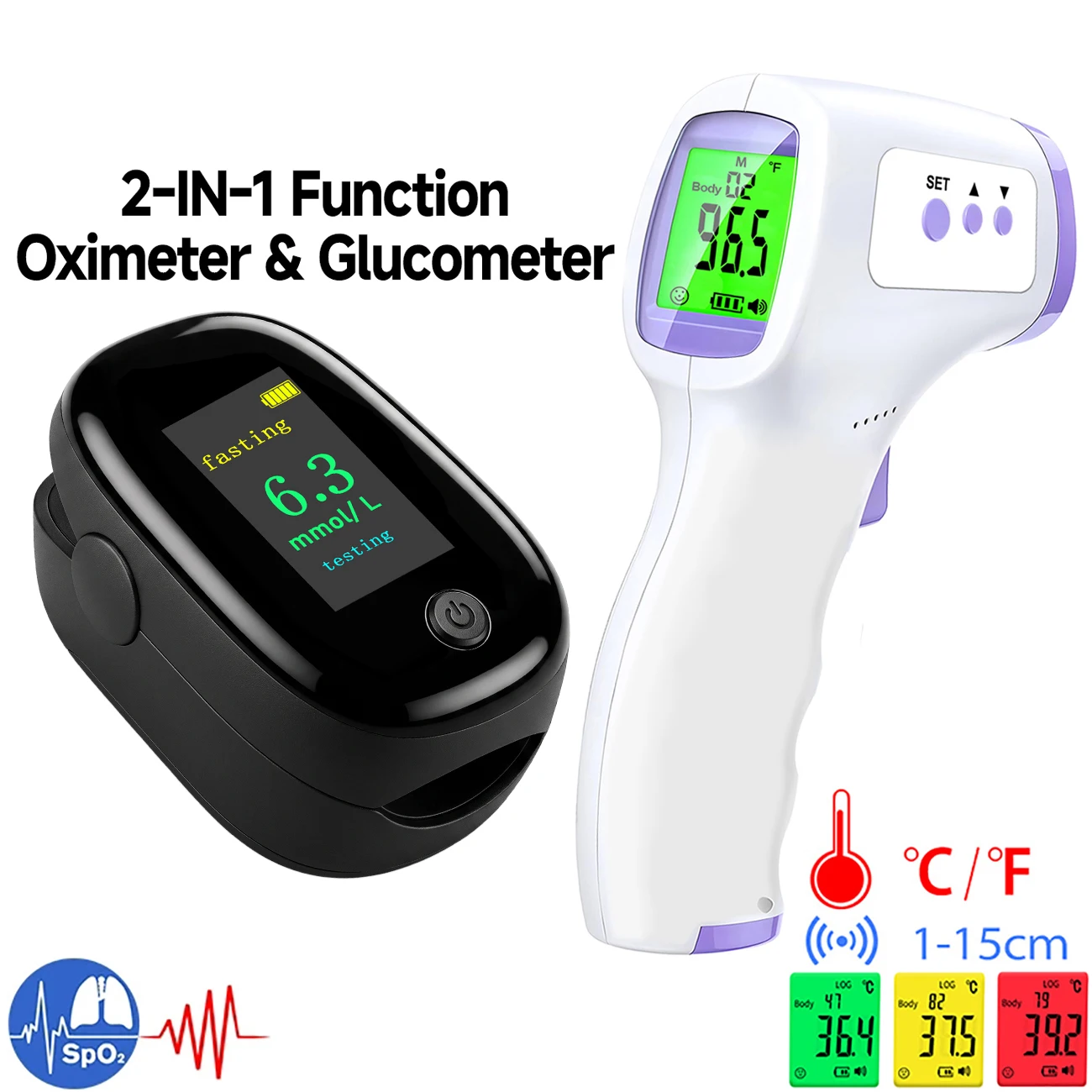Non-contact Body Thermometer Body Rapid Heat Measure Meter Or 2-IN-1 Non‑Invasive Glucometer & Pulse Oximeter Fingertip Test Kit
