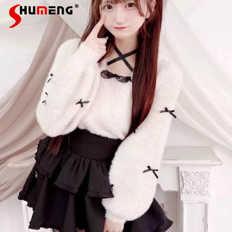 

Массовая работа в японском стиле, милая девушка, бретелька на шее, кружево, квадратный вырез, бант, длинный рукав, элегантный универсальный короткий пуловер, женский свитер