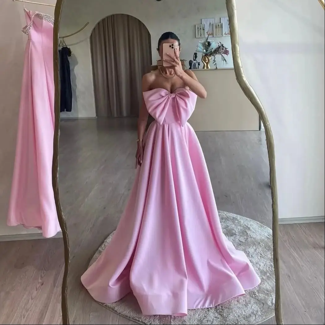 

Linda Pink Prom Dress for Women A Line Bow Appliques Party Gowns for Formal Customized Elegant Stian Floor Length Evening Gowns