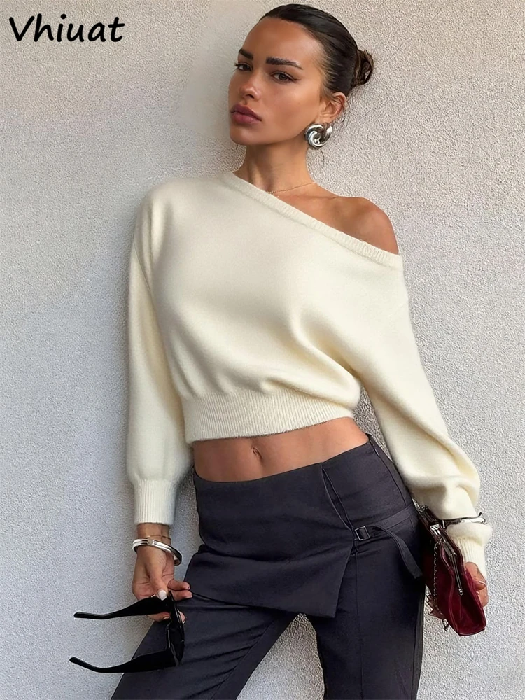 Vhiuat-suéter elegante de punto para mujer, ropa de otoño e invierno, jerséis ajustados informales a la moda, Jersey liso, Tops, Pull 2025