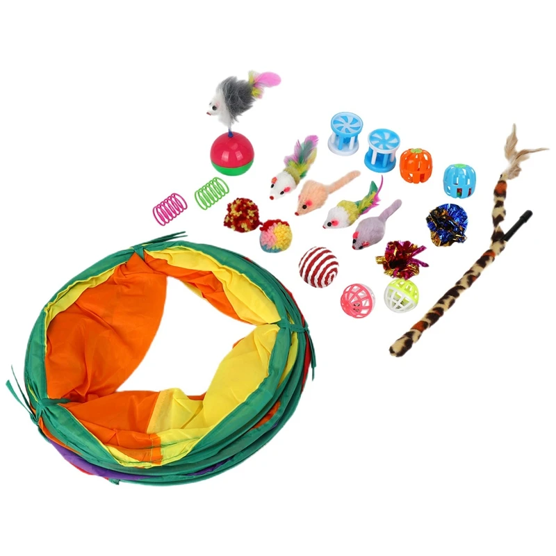 Cat Toys Kitten Toys Assortments, Collapsible Cat Tunnel, Interactive Cat Feather Toy  Mouse Crinkle Balls Toys