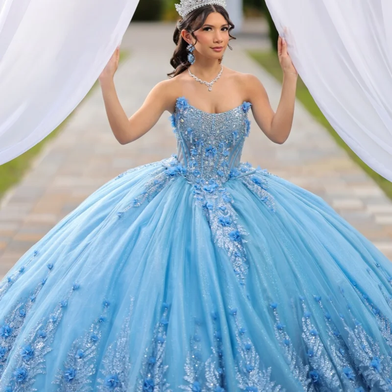 

Blue Quinceanera Dress off-shoulder Glitter Crystal 3D Flower Decal Long tail vestidos de 15 Quinceanera ﻿Customized
