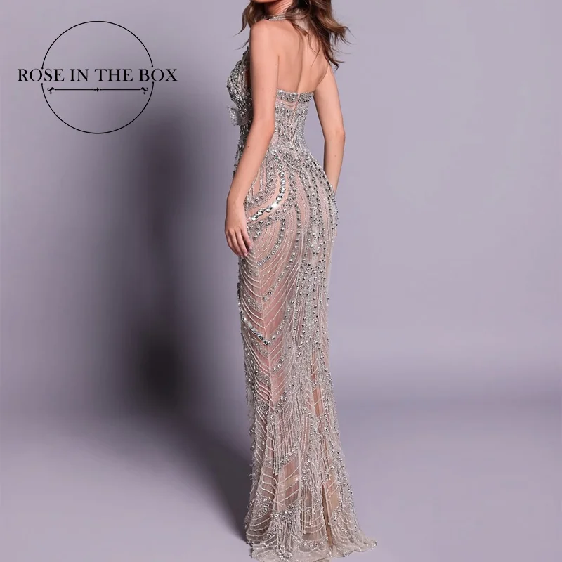 ROSEINTHEBOX Luxury Sliver Designer Evening Dresses with Sparkling Crystal Gowns For Woman wedding party Customized image 5