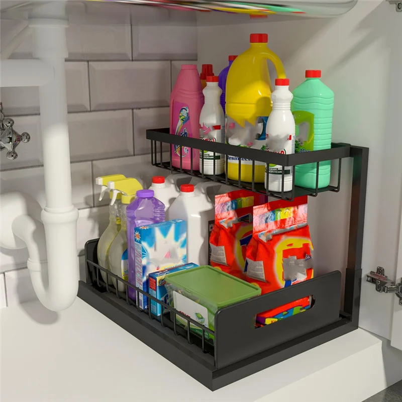 

A25F-Double-Layer Slide-Out Sink Racks Kitchen Storage And Storage Racks Bathroom Pull-Out Drawer Storage Racks
