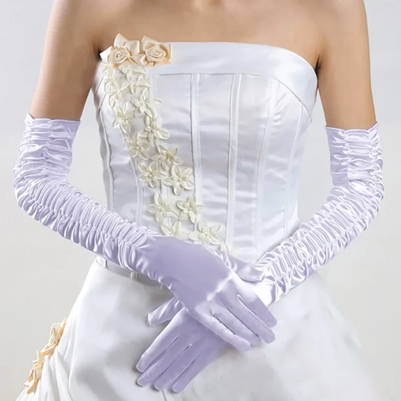 Gants de mariage longs plissés pour femmes, gants en satin à doigts complets, accessoires de mariée, blanc et noir