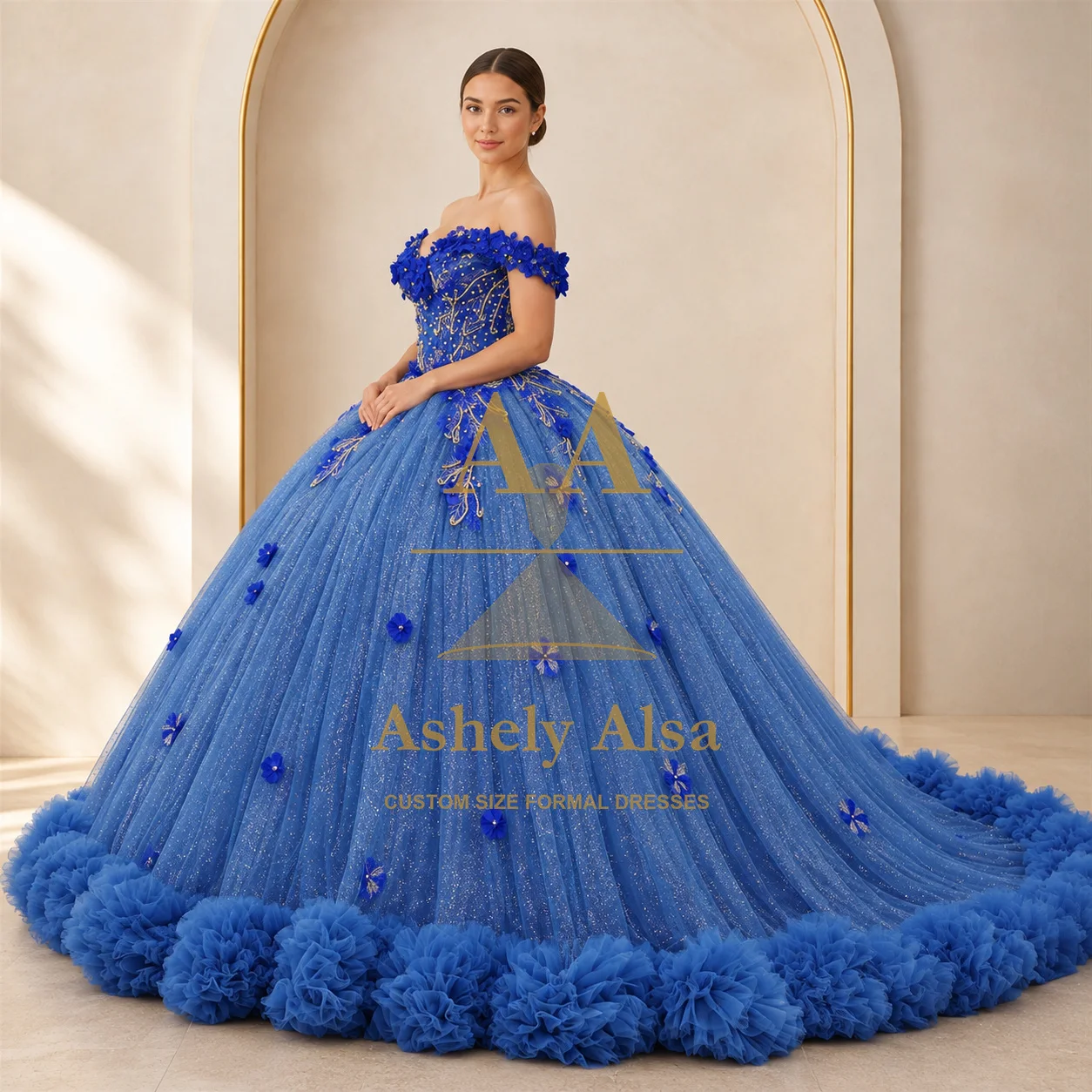 Royal Blue Quinceanera Dress Off Shoulder Floral Beaded Corset Ruffle Hem Ball Gown Floor Length Formal Party Custom Size
