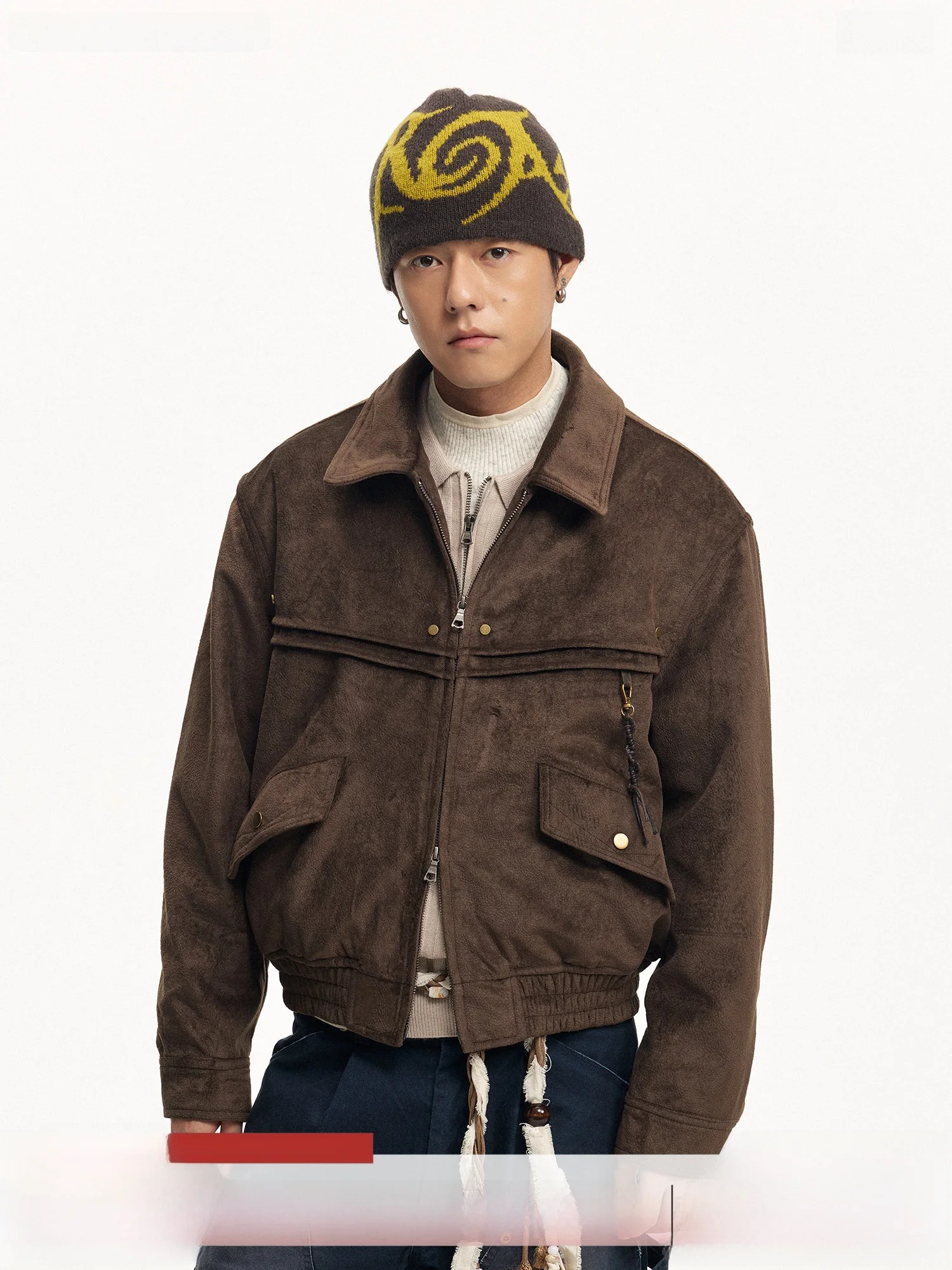 

CoosRetro American Retro Suede Workwear Jaet Collared Men's Street Sle Outerwear Windproof Long Sve Zipper Closure