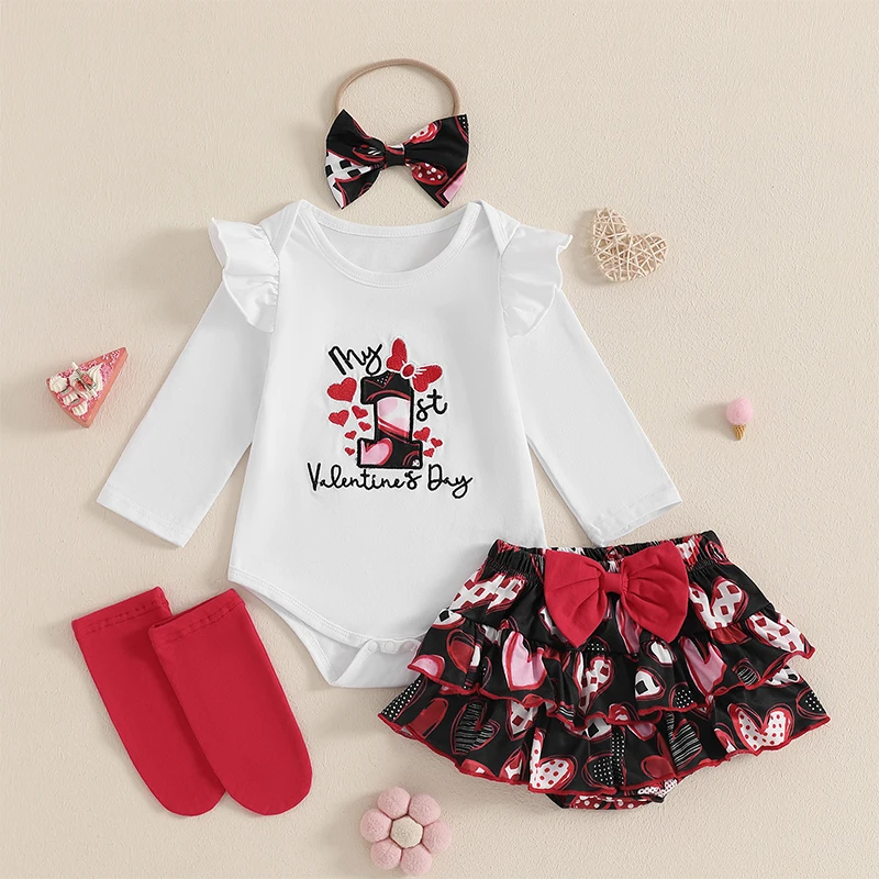 Baby Girl First Valentines Day Outfit Heart Long Sleeve Romper Layered Ruffle Shorts Bow Headband Socks Girls Spring Clothes