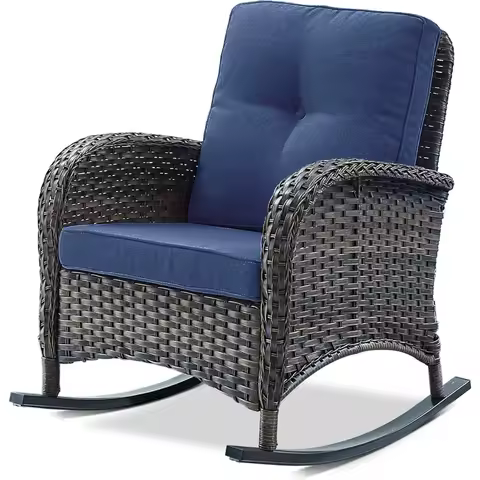 Patio Rocking Chair Wicker Chair, 1 Piece Outdoor Rocking Chair Seating with Cushions for Porch Deck Balcony, Brown/Blue