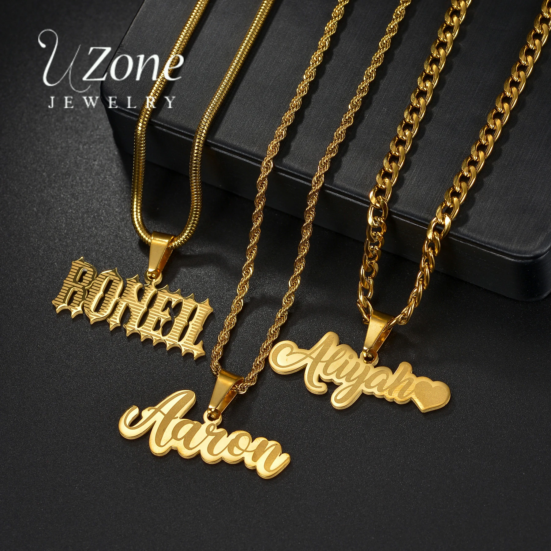 

Uzone Custom Engraved Name Necklaces for Women Men Stainless Steel Personalized Nameplate Necklace Twist Chain Birthday Jewelry