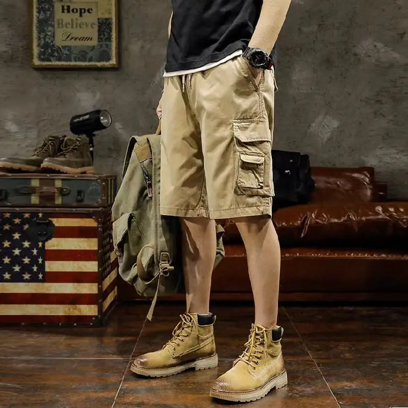 Short Pants for Men with Draw String Solid Black Mens Cargo Shorts Hiking Summer Wide Strech Jorts Casual New in Y2k Clothes Hot