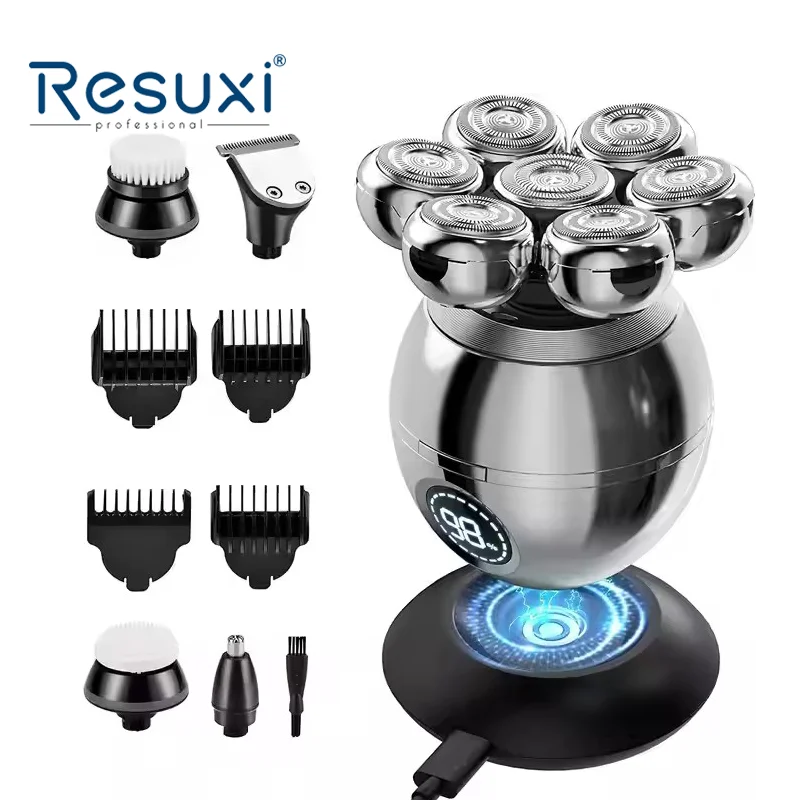 

Resuxi RQ-8870 Бритва для головы, водонепроницаемая с ЖК-дисплеем, беспроводная зарядка, бритвы для лысины для мужчин, электрическая бритва для влажной и сухой уборки 5 в 1