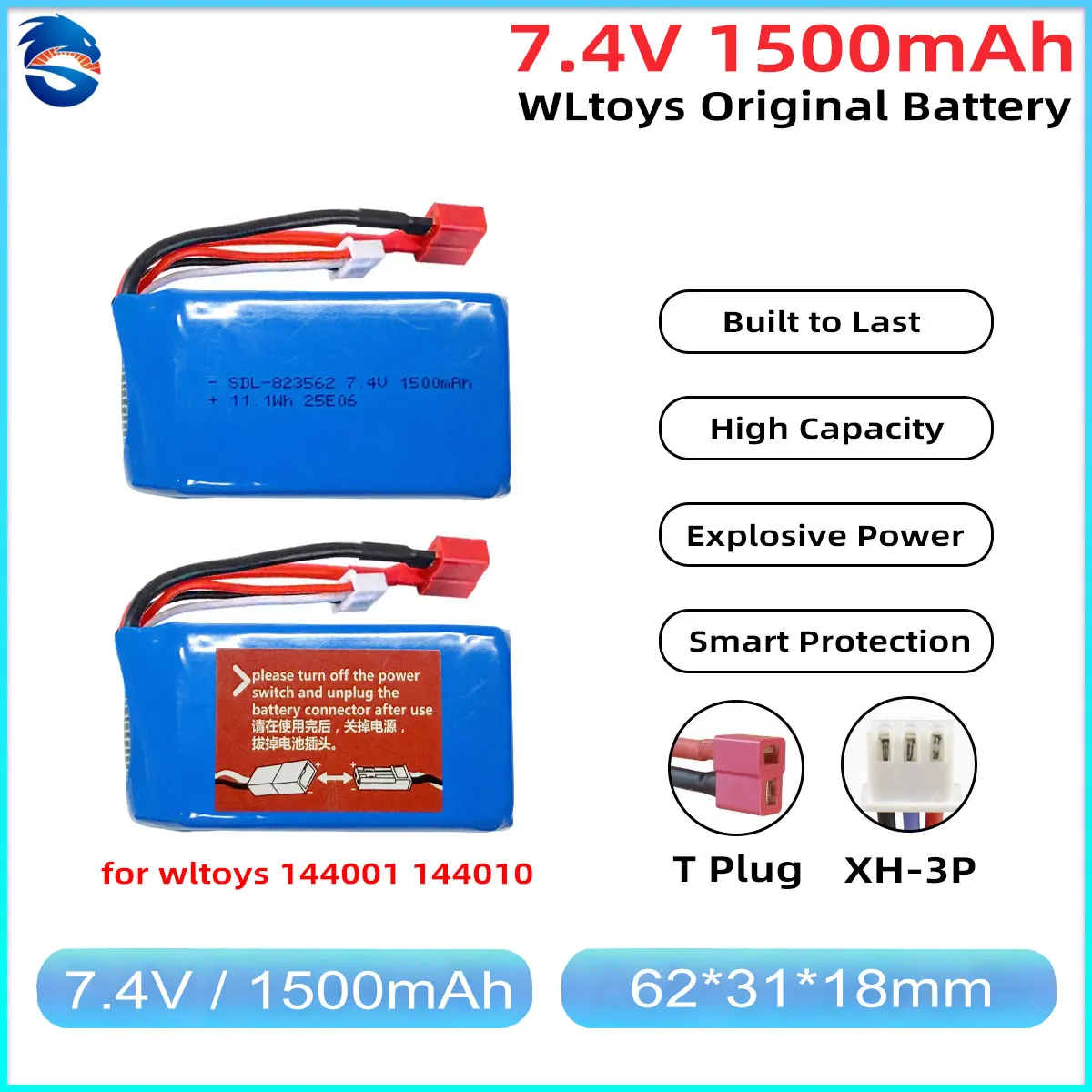 

WLtoys 144010 Original 2S LiPo Battery 7.4V 1500mAh With T Plug for 144001 144016 144018 RC Car Spare Parts