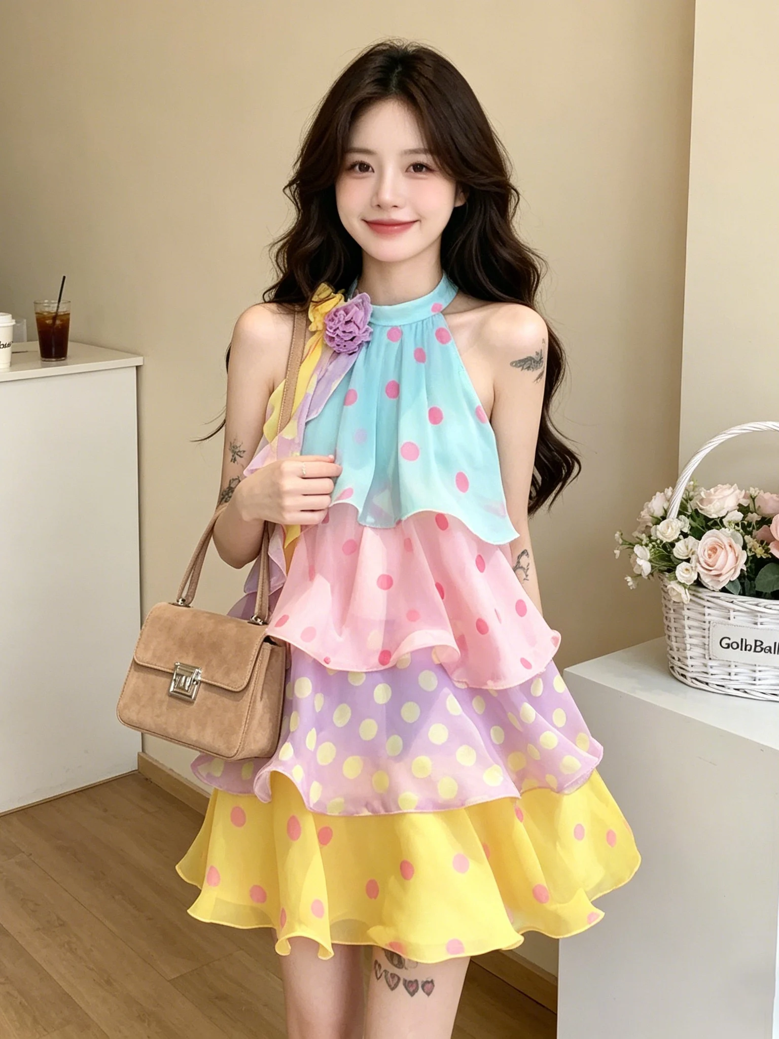 Colorful Polka Dot Neck Dress Fashion Casual Three Dimensional Flower Layered Chiffon Dress Spring Summer New Women's Dress