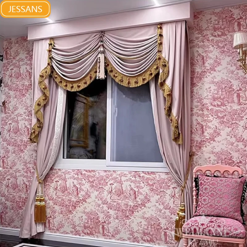 New Pink Senior Lace Decorative Velvet Curtains for Living Room Study Bedroom Villa High Window Floor Windows Customised Valance