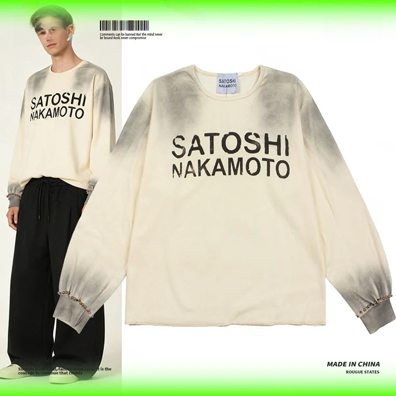 Classic American Slogan Washed Distressed Long Sleeve T-Shirt Loose Fit Unisex Cotton Retro Style Printed Graffiti Tee